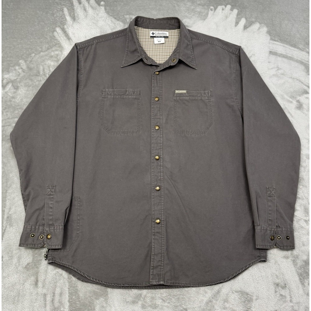 Vintage Columbia Snap Shirt Mens Medium Gray Canvas Shacket Work Chore Plaid Y2K